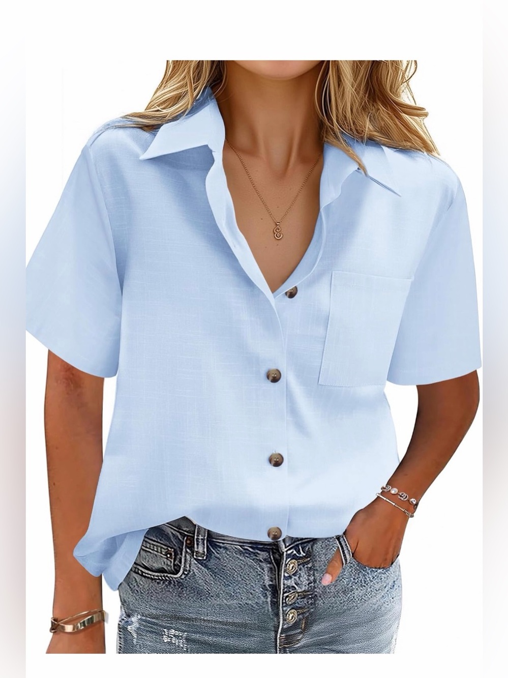 Women's Light Blue Short Sleeve Button-Down Shirt with Pocket